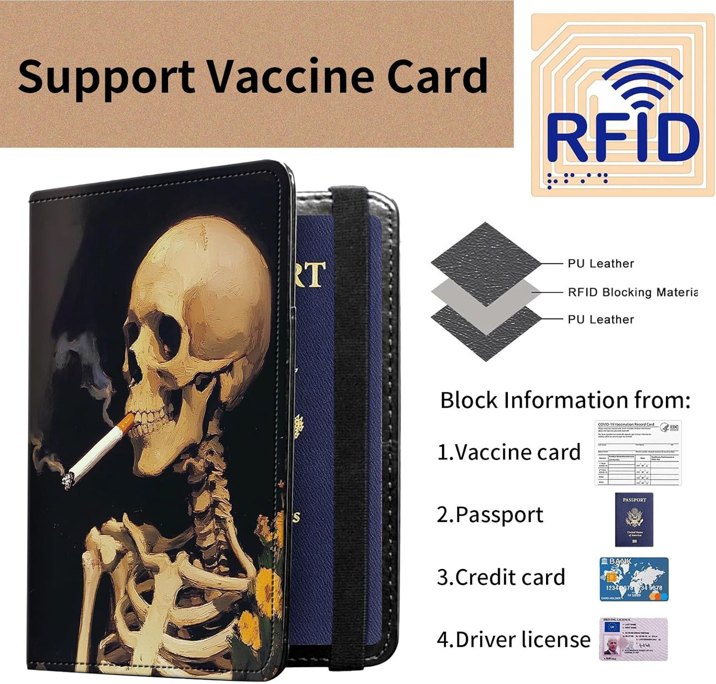 Passport and Vaccine Card Holder Cover Combo,Travel Passport Holder Wallet with RFID Blocking, Leather Vaccine Card Slot Passport Cover Case for Women & Men,A Smoking Skeleton