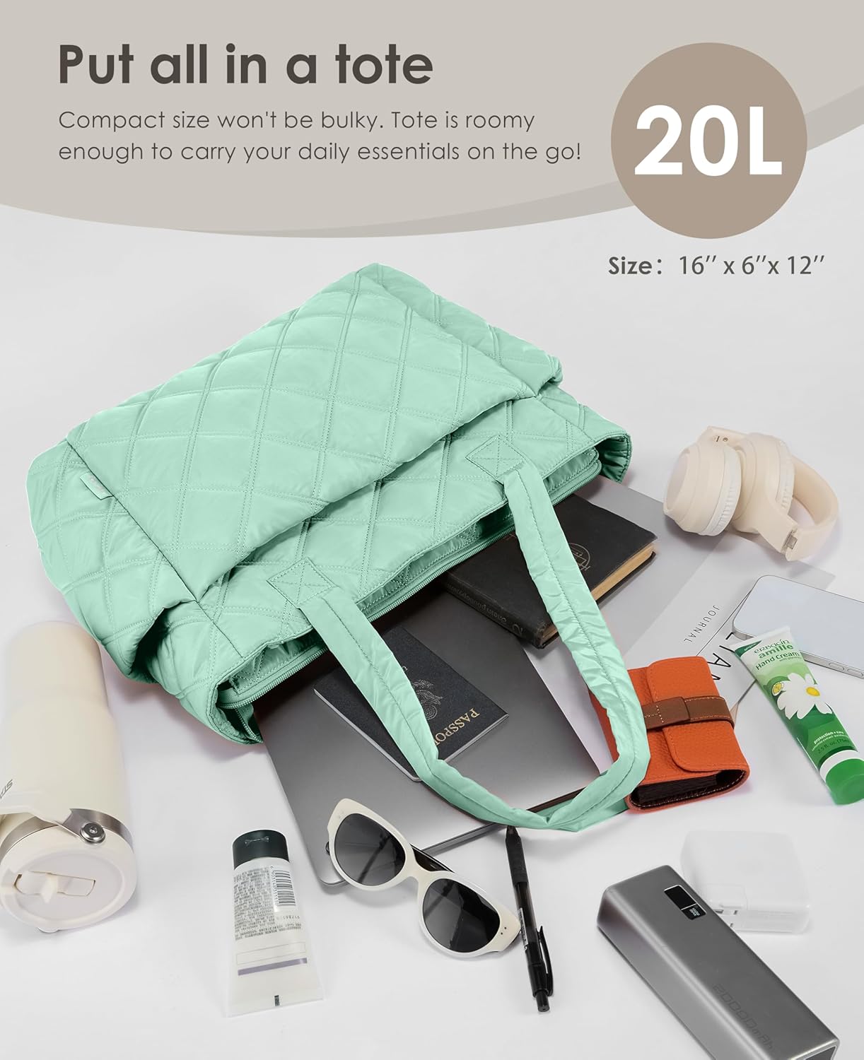 Tote Bag for Women, Lightweight Puffer Tote Work Bags with Compartments for Travel, Quilted Shoulder Bag with Zipper