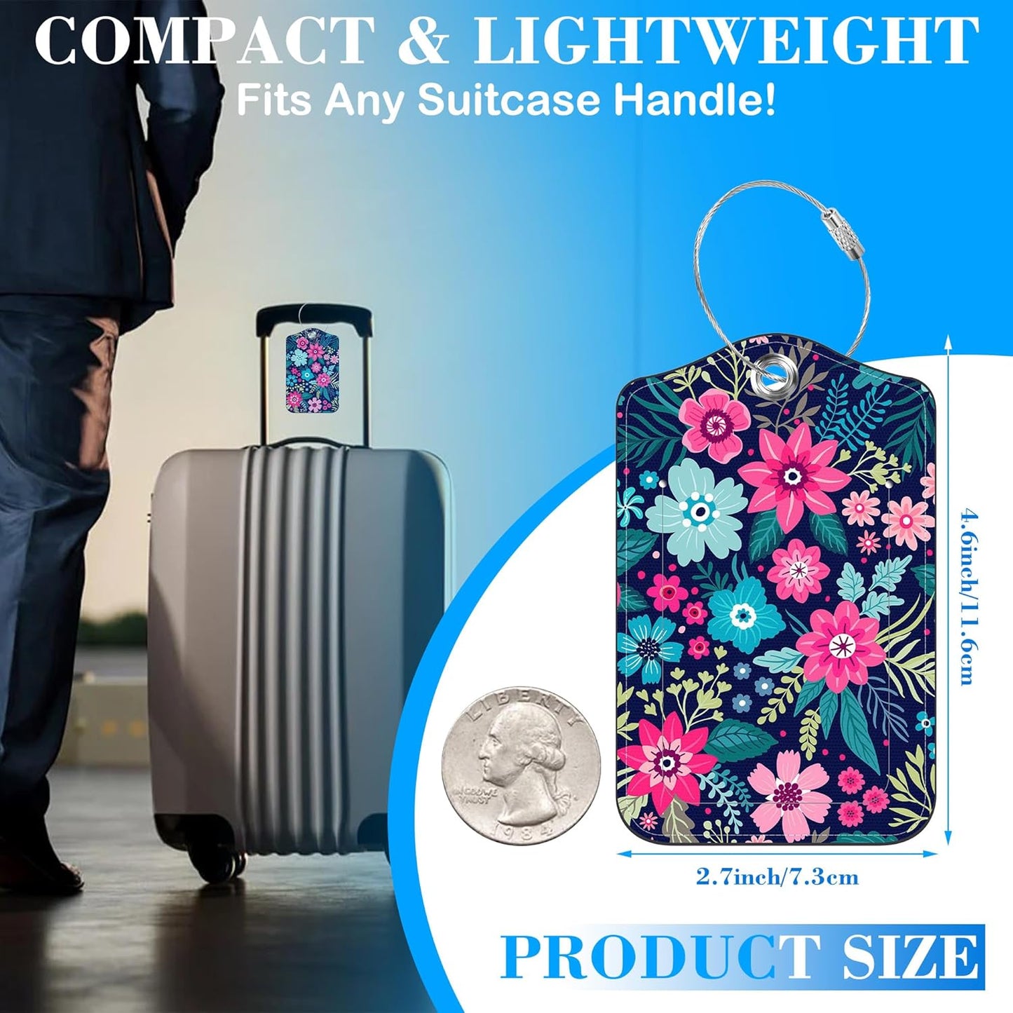 2 Pack Colorful Flowers and Leaves Luggage Tags PU Leather Suitcase Tags with Stainless Steel Loop Privacy Cover ID Label for Women Men Travel Bag Accessories