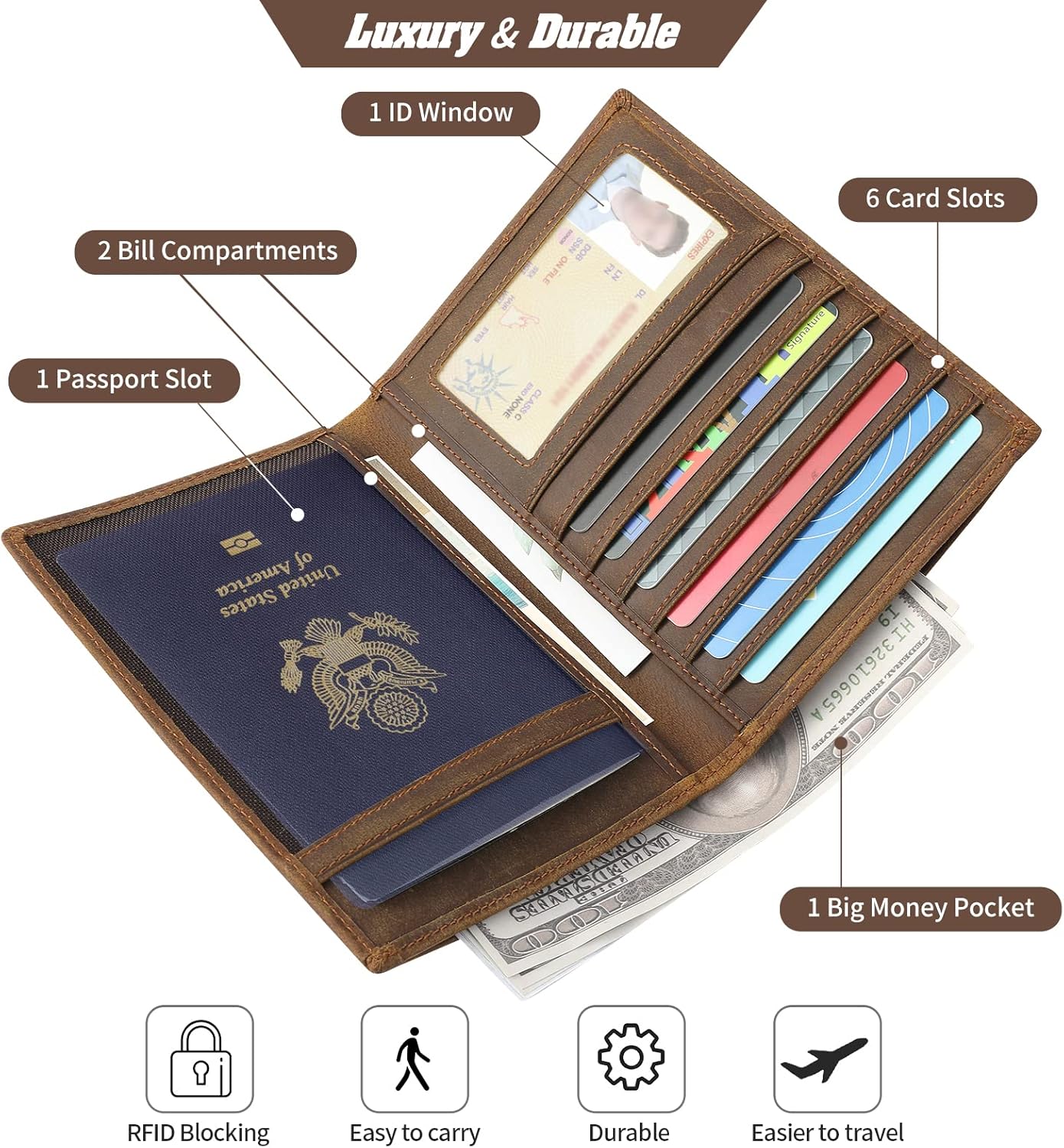 Genuine Leather Passport Holder, RFID Blocking Travel Wallet for Men & Women (Brown)