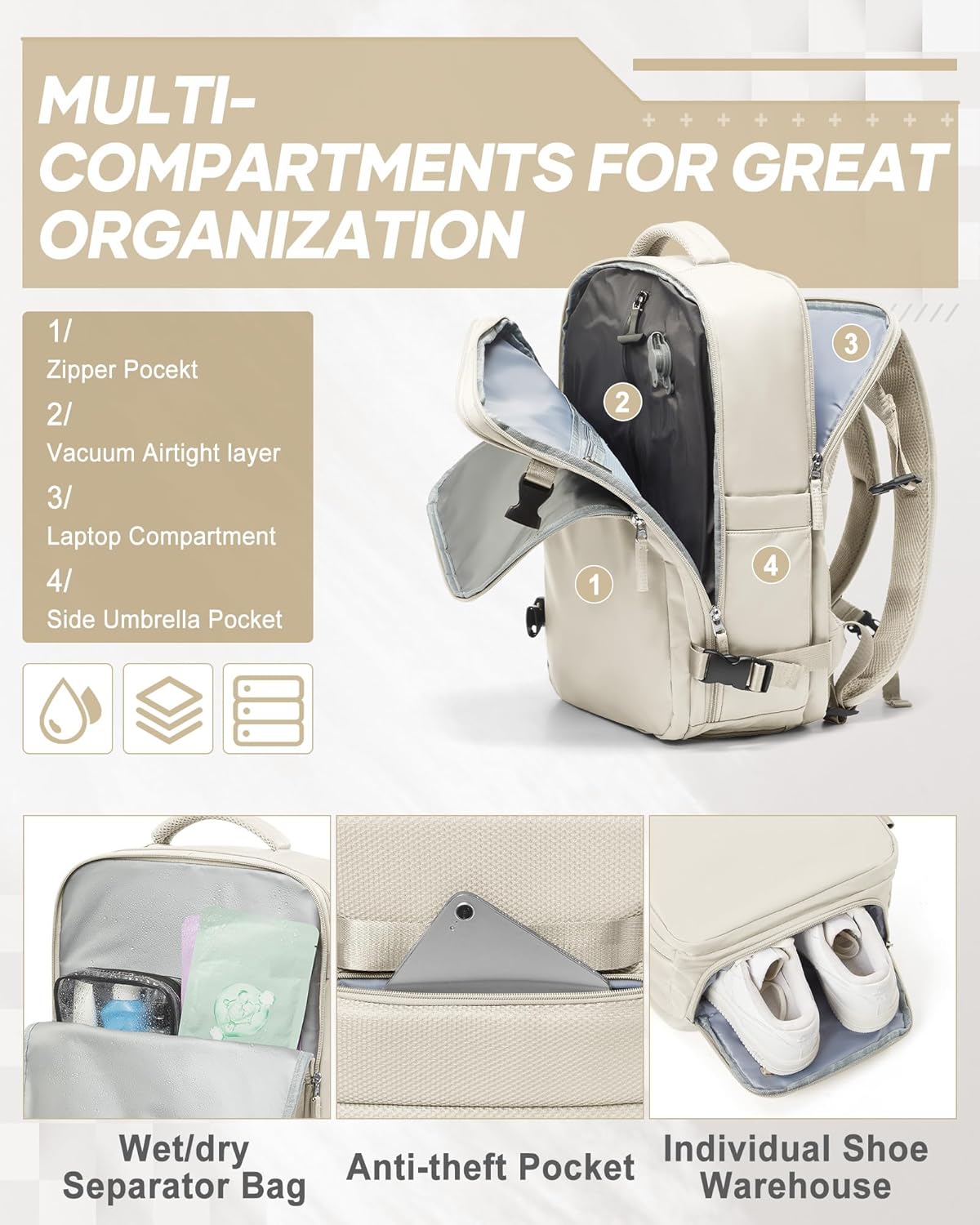 suwasp Vacuum Compression Backpack, 45L Expandable Travel Backpack with Electric Vacpack Pump, Travel Vacuum Bags with Shoe Compartment/17inch Laptop Compartment/USB Port, Beige, Large