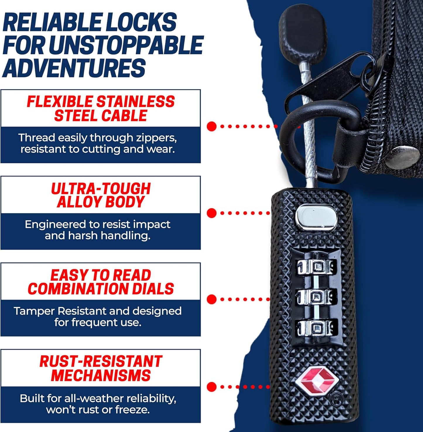 TSA Approved Travel Locks for Luggage, Gym Locker & Guncase - Heavy Duty for Outdoor Tent, Zippered Backpacks Secure Travel Suitcase Locks & More