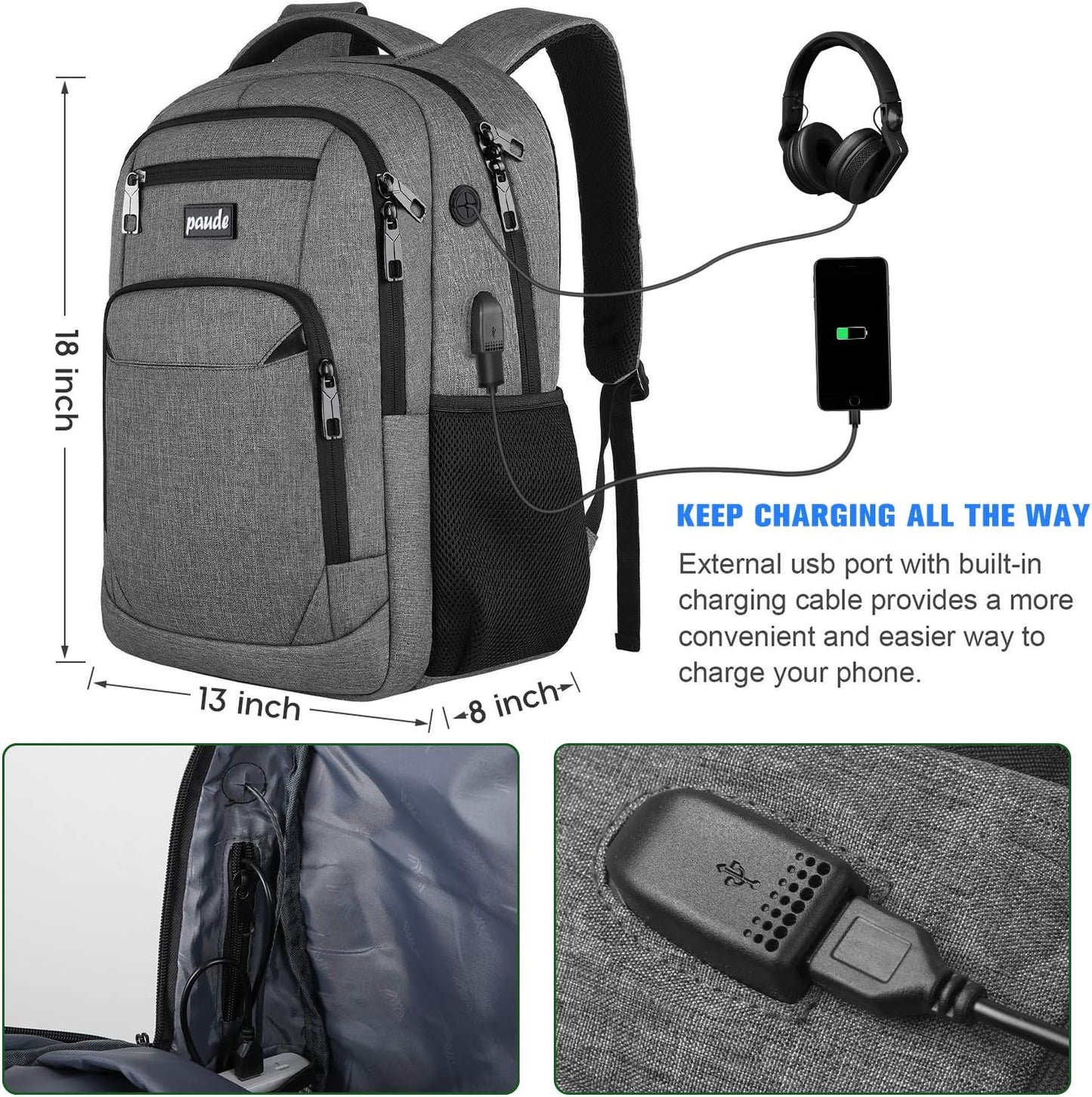 Paude Backpack for Women and Men,School College Backpack 15.6 inch Laptop bookbag with USB Port for High School Student