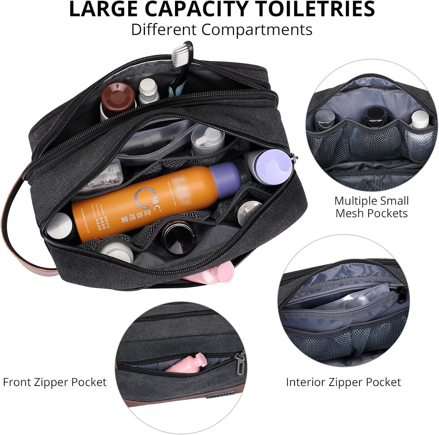 WITZMAN Canvas Toiletry Bag for Men Hanging Dopp Kit Organizer Water-resistant Travel Toiletries bag Men Bathroom Bag with Wet Pocket(A8001 Classics Black)