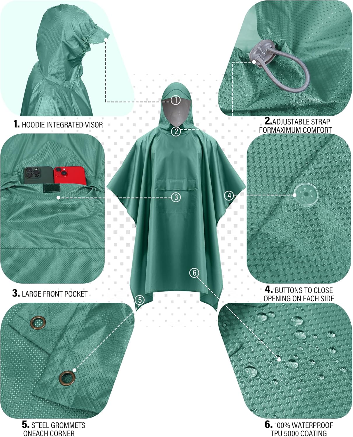 iCreek Hooded Rain Poncho Packable Unisex Raincoat Jacket with Pocket Waterproof Lightweight for