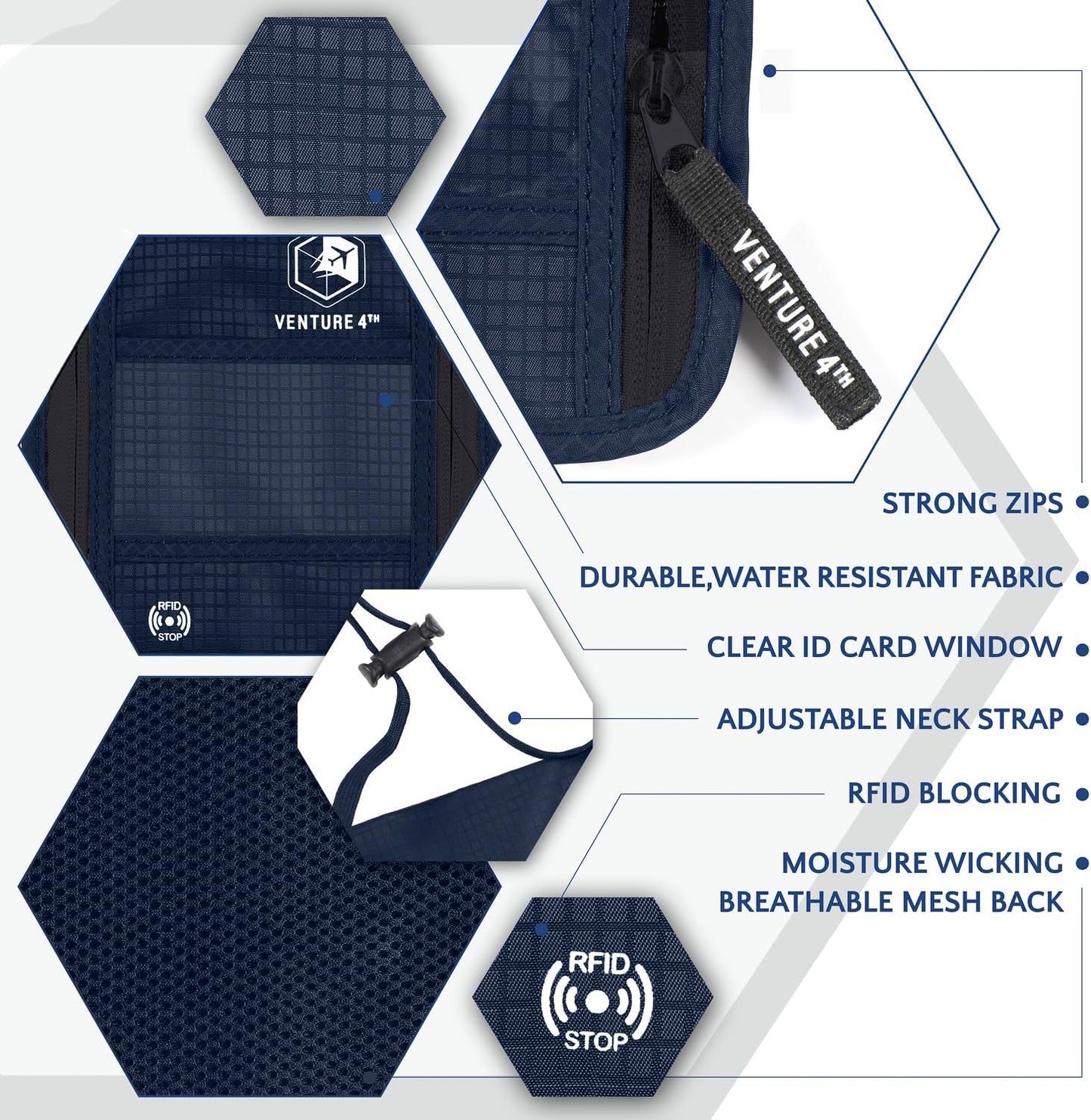 VENTURE 4TH Neck Wallet, RFID Blocking Passport Holder for Travel – Hidden Neck Pouch with 6 Compartments, Slim Lightweight Organizer with Adjustable Strap for Cash, Cards & Passport (Navy Blue)