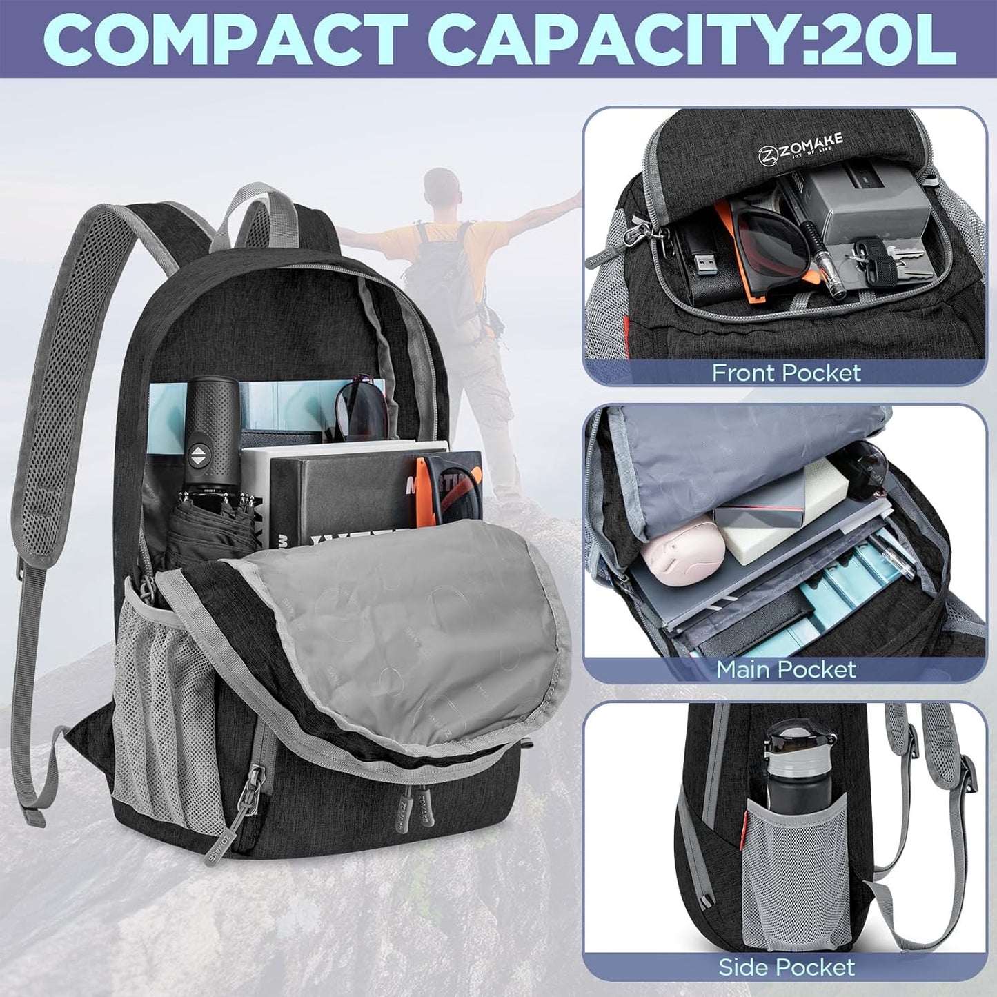 ZOMAKE Ultra Lightweight Packable Backpack 20L,Small Foldable Backpacks Hiking Water Resistant