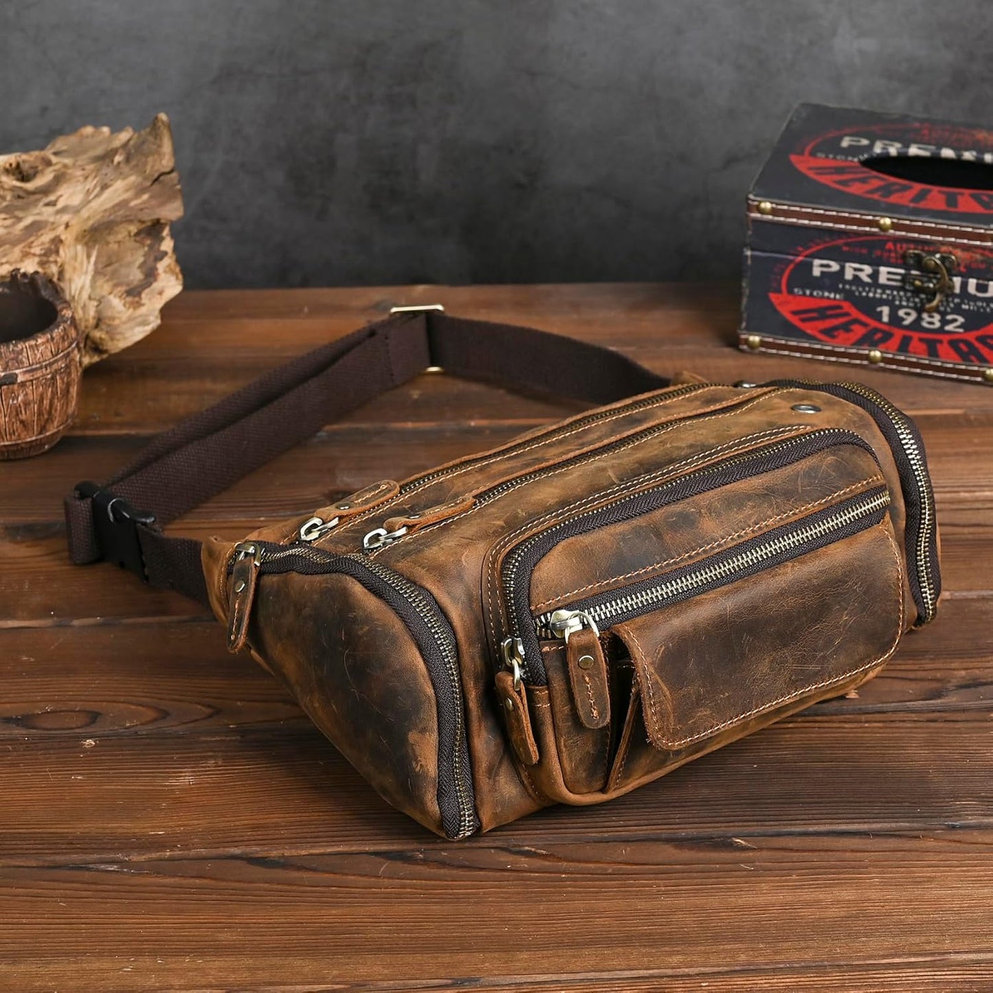 Thick Crazy Horse Leather Hiking Riding Travel Outdoor Belt Fanny Waist Pack Small Phone Pouch For Men Women 380 (382 Brown)