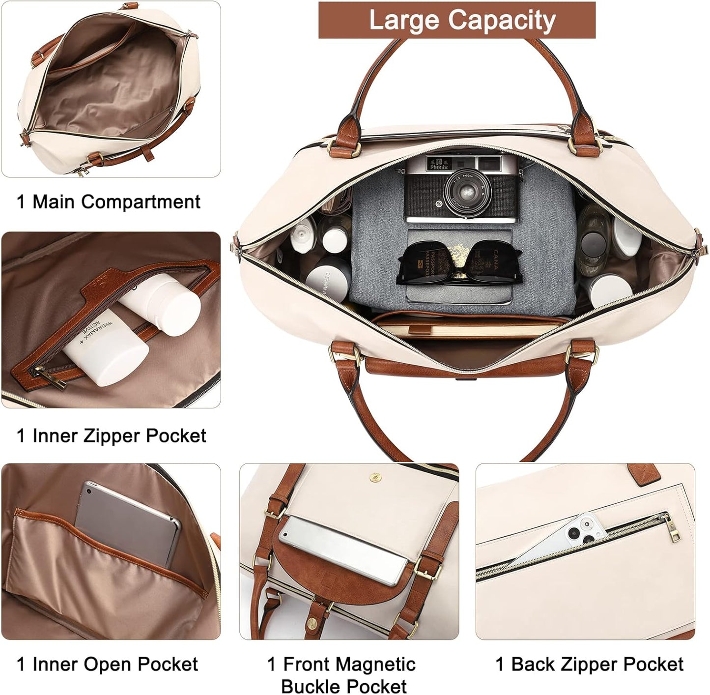 CLUCI Weekender Bag for Women Leather Large Overnight Travel Duffel Bag with Shoe Compartment Beige with Brown