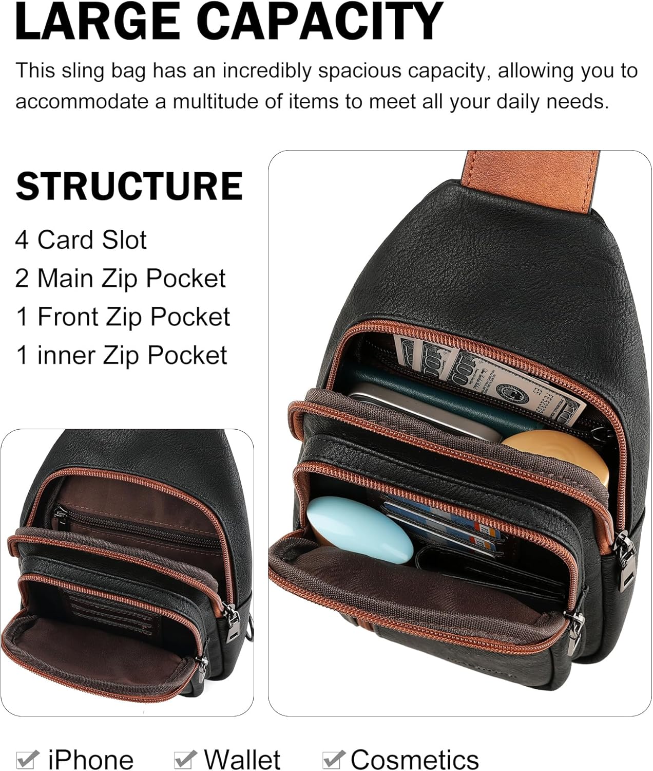 MASINTOR Sling Bag for Women - Crossbody Bags Fanny Pack with Vegan Leather - Adjustable Sling Backack for Travel