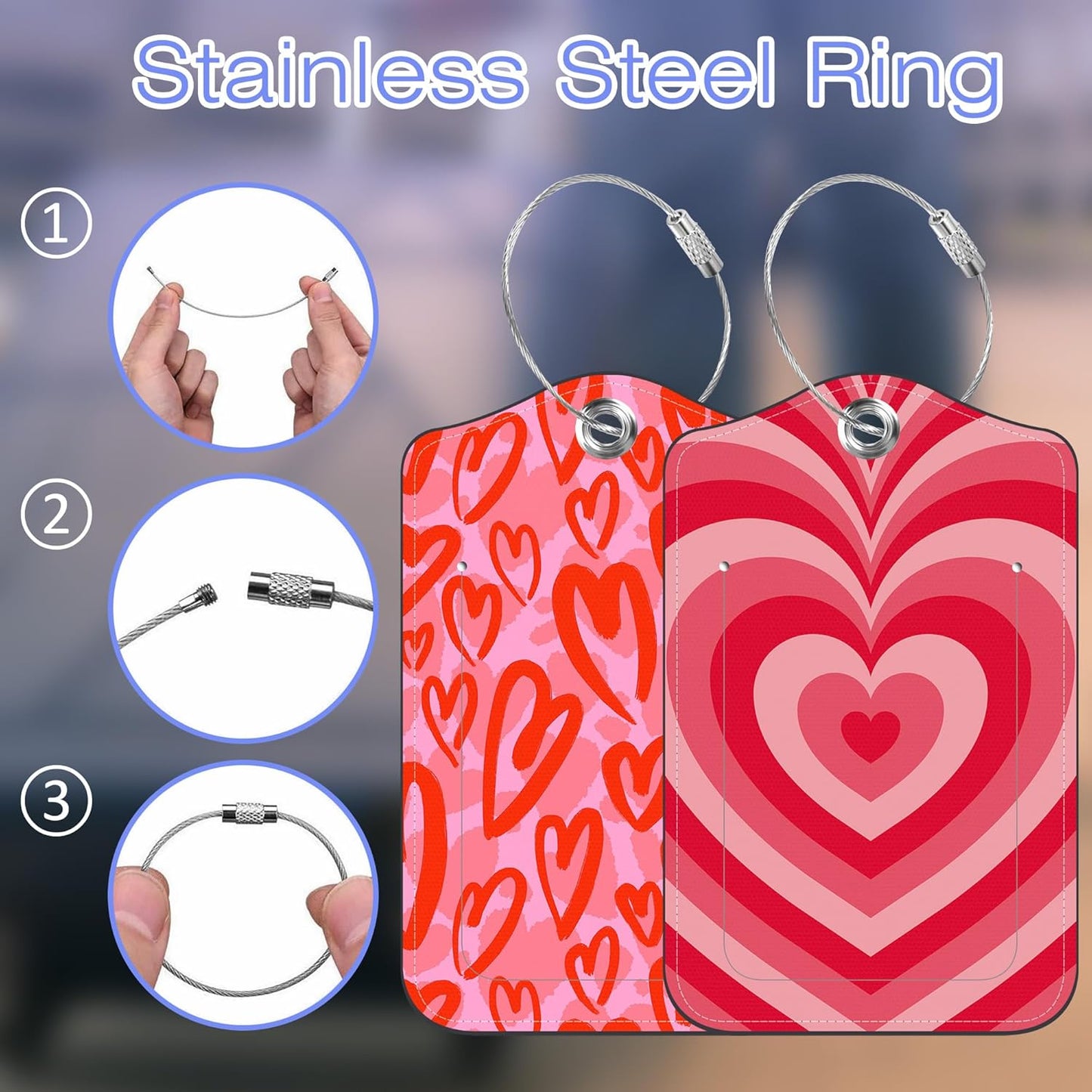2 Pack PU Luggage Tags for Suitcase, Pink Heart Suitcase Tag Leather Privacy Cover ID Label with Stainless Steel Loop for Baggage Handbag School Bag Backpack
