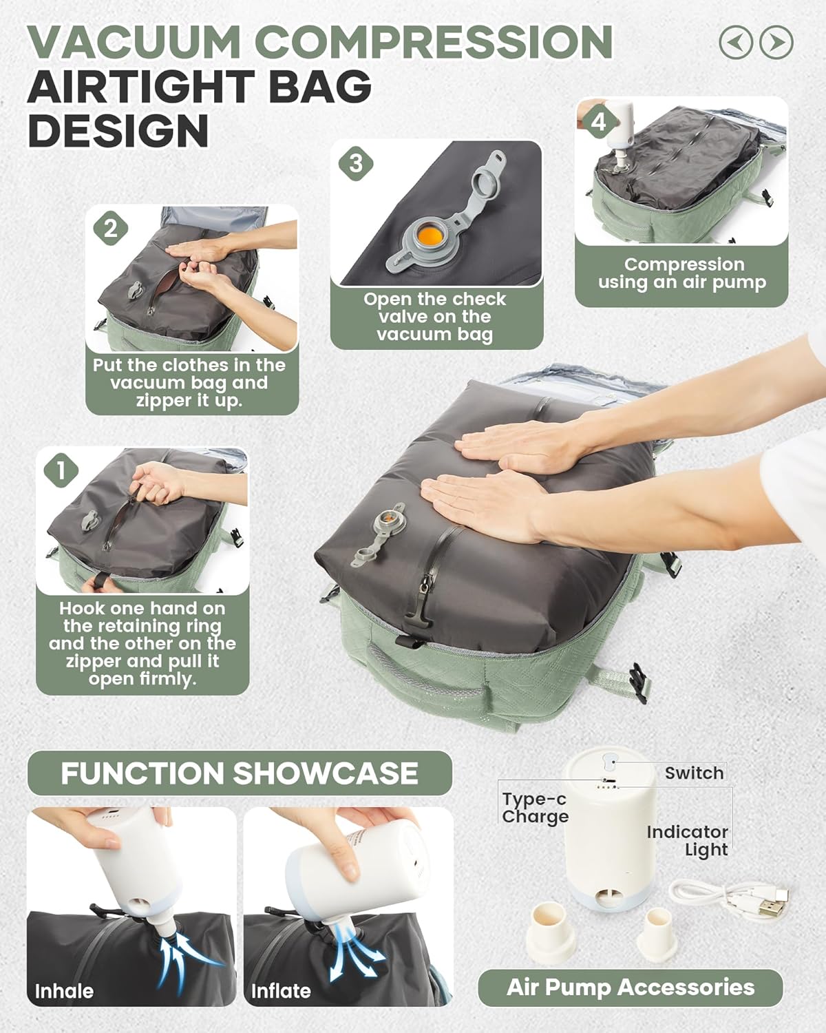 Travel Vacuum Storage Backpack with Air Pump Vacuum Seal Compression Space Saver Bags Clothing Vacpack 18x14x8 inches Travel Bag Carry on Personal item Laptop Work Backpacks Women LightGreen