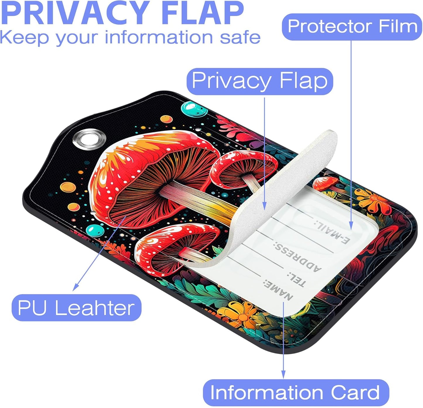 2 Pack PU Leather Luggage Tag for Suitcase Red Mushroom Suitcase Tags with Privacy Name ID Label and Stainless Steel Loop for Travel Bag