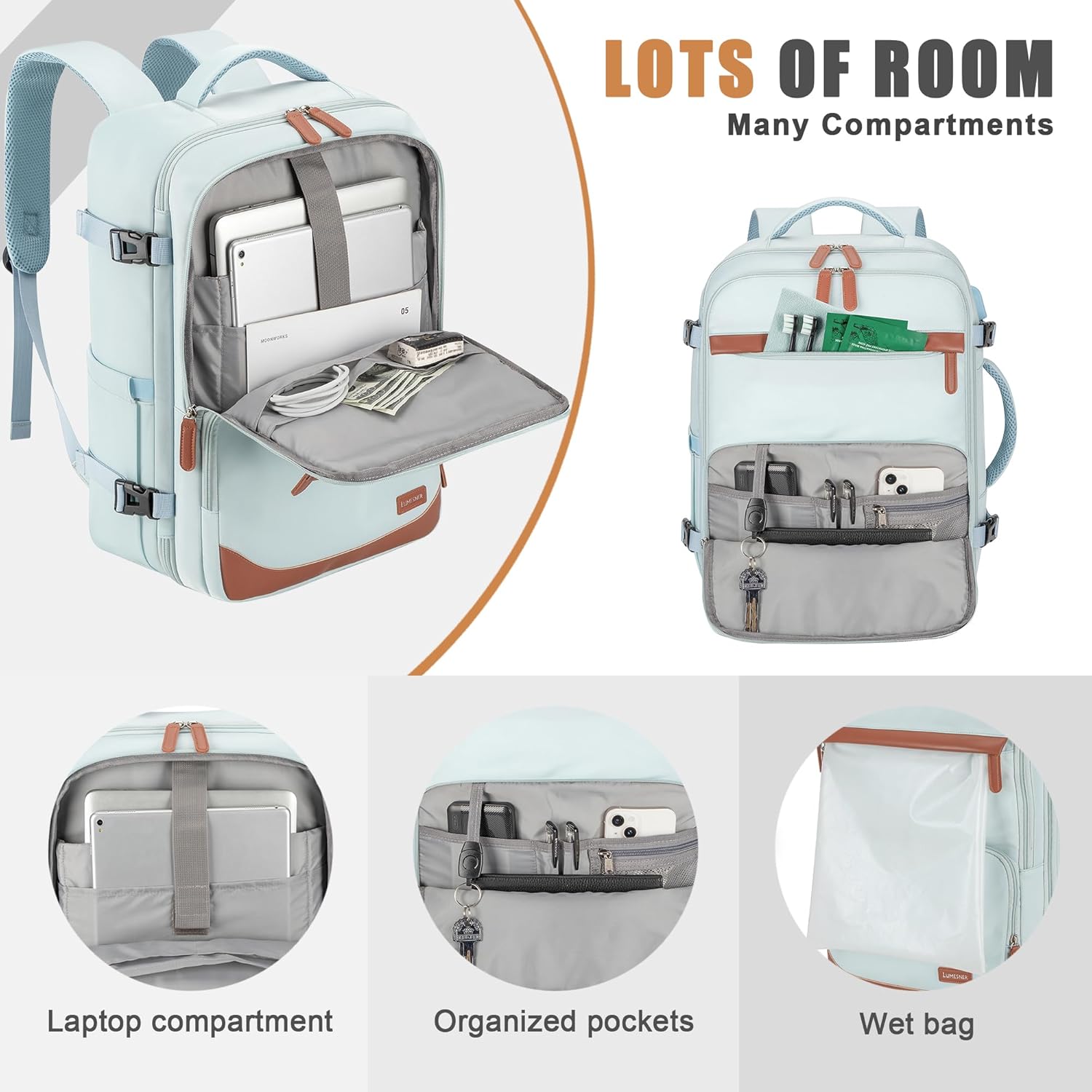 40L Travel Backpack with USB Charging Port, Water-Resistant Carry On Backpack for Men Women