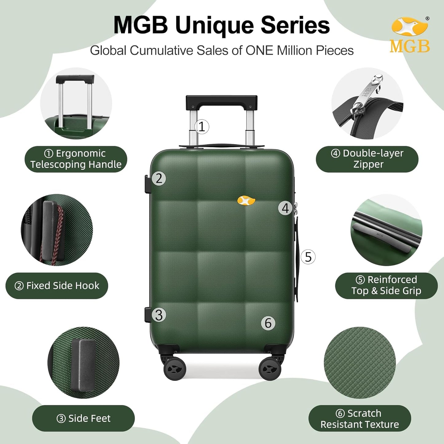 MGB Carry On Luggage 22x14x9 Airline Approved with TSA Lock, Hard Shell Suitcase with Double Spinner Wheels, Lightweight 20 Inch Travel Hardside Carry-On Luggage, Dark Green