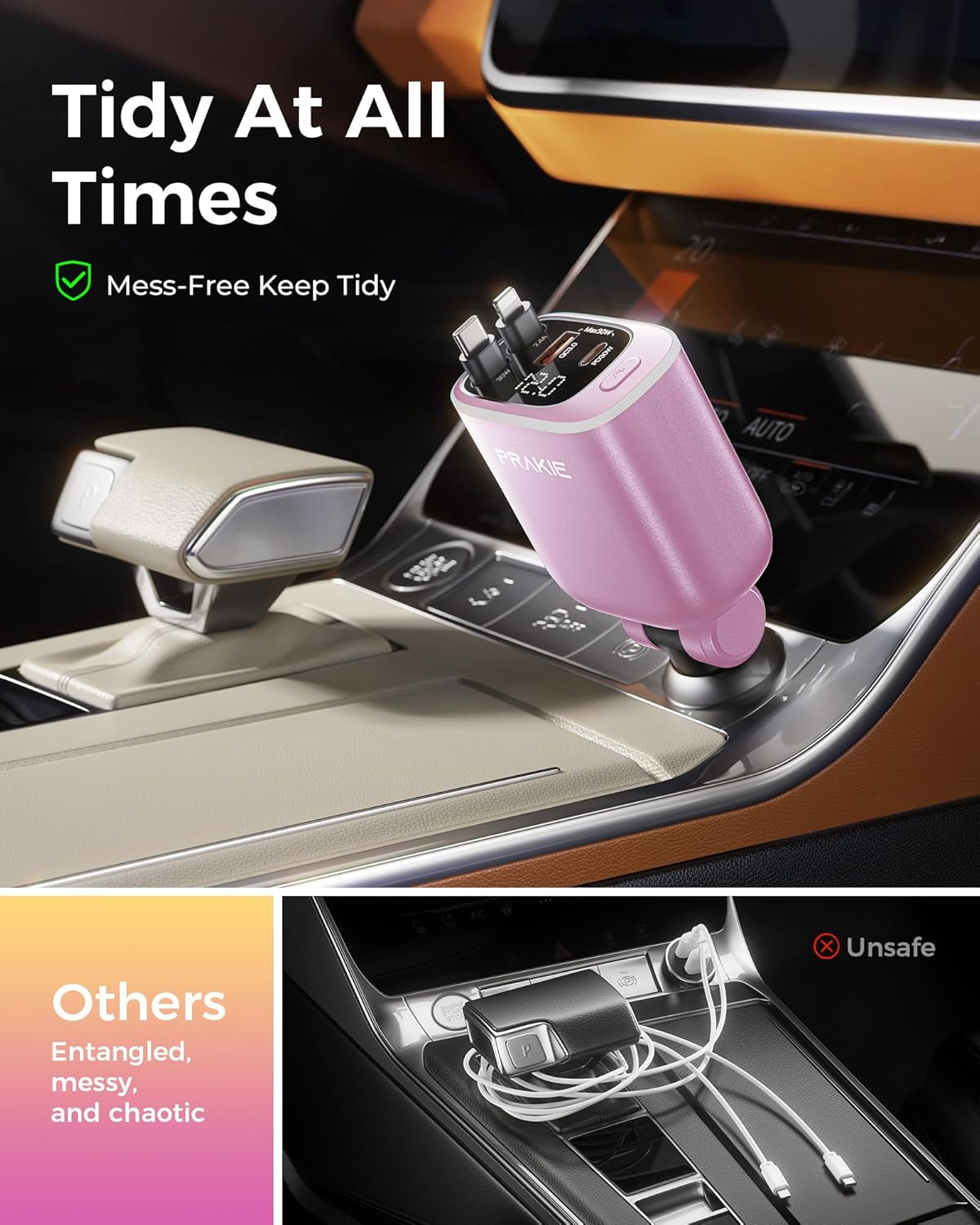 iPhone Car Charger, Retractable Fast USB C Phone Charger, 4 in 1 Cigarette Lighter Adapter with 2 Cables 30 Inch and 2 USB Ports, Multi Port USB Car Charging for iPhone 17/16/15/14/13/Pro Max-Pink