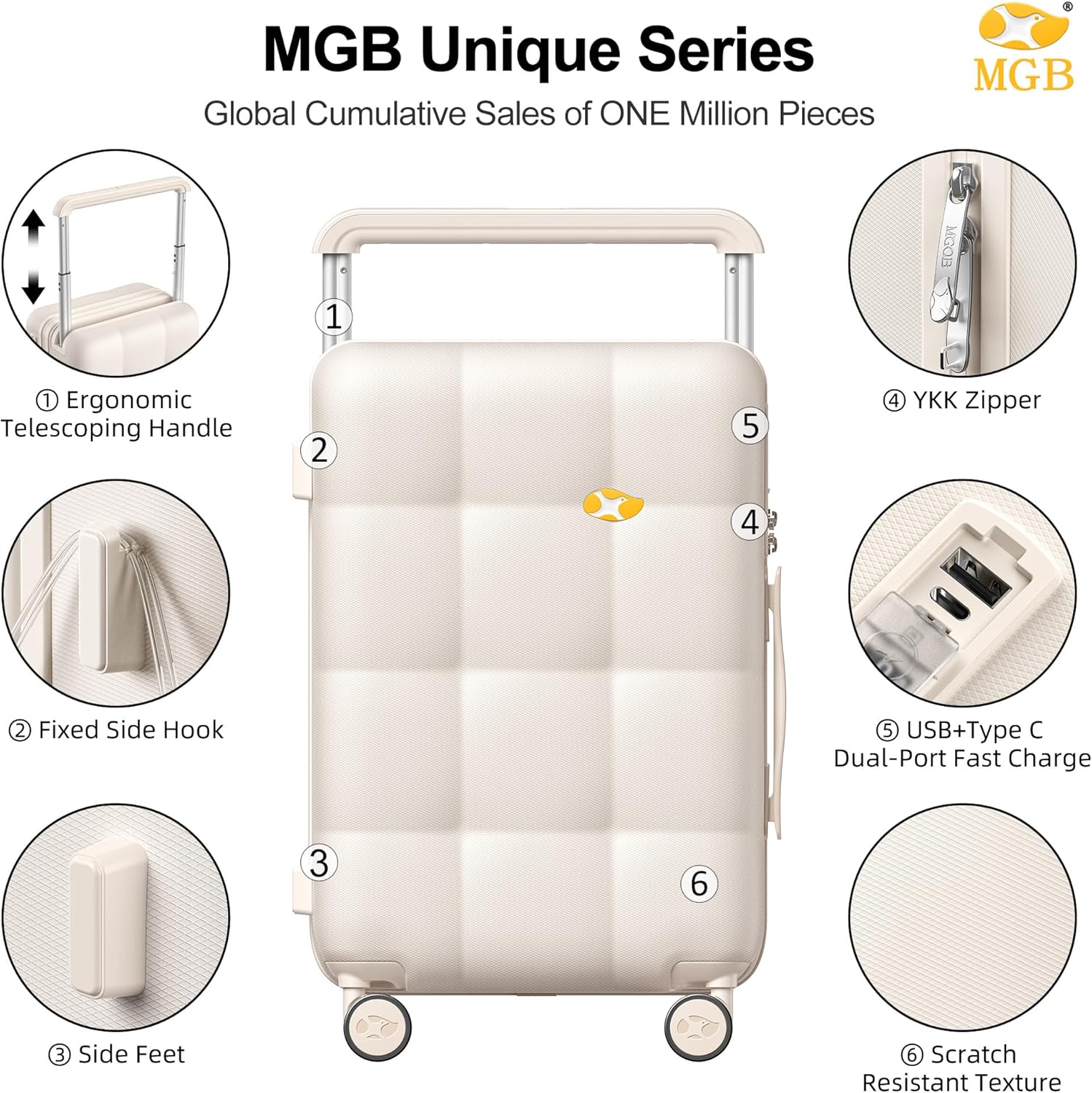 MGB Carry On Luggage Airline Approved 20'' Lightweight Luggage Wide Handle PC Hardshell Suitcases