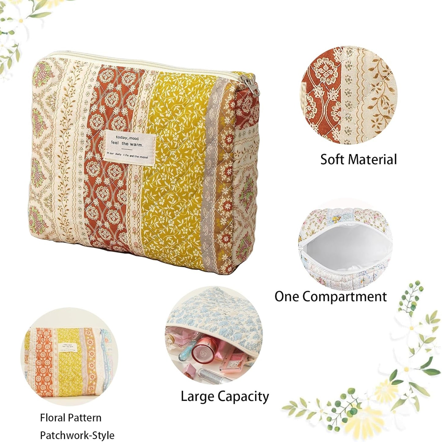 Quilted Makeup Bag, Large Makeup Bag, Cute Cosmetic Pouch for Women Girls, Floral Coquette Aesthetic Patchwork Travel Toiletry Make Up Organizer Bag