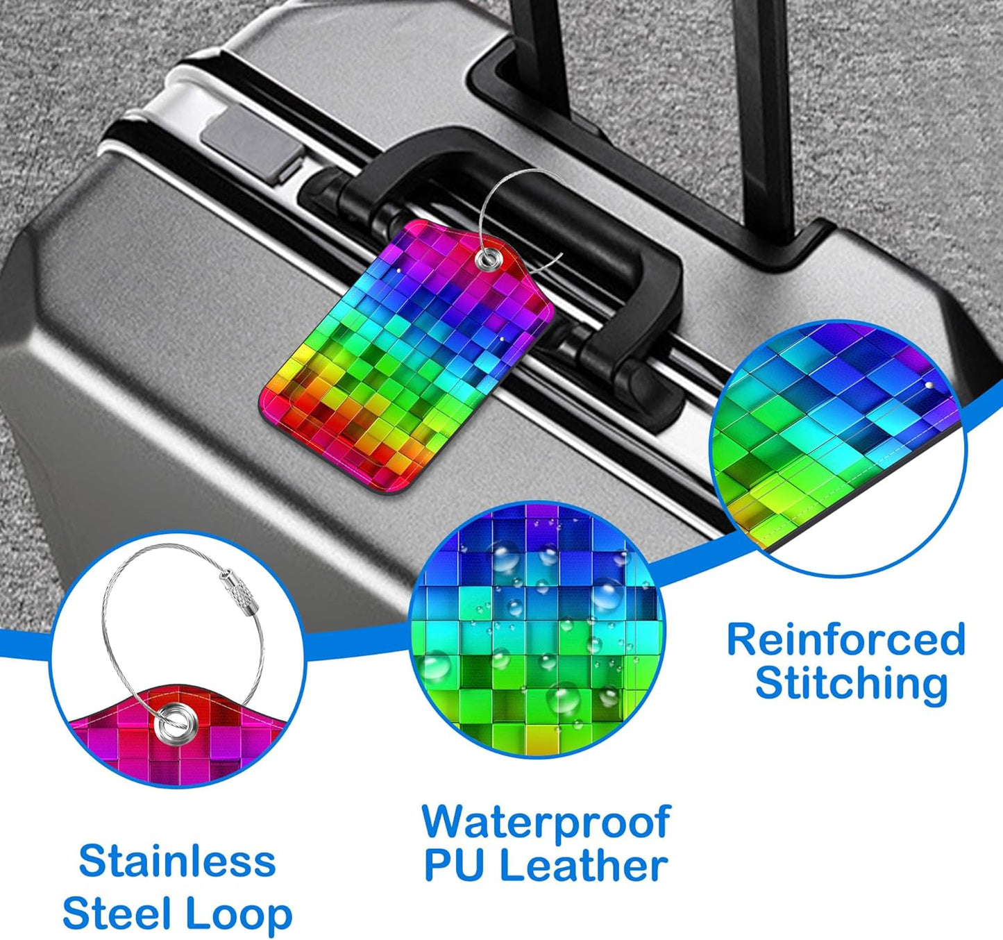 2 Pcs Luggage Tags for Suitcases, Color Grid Leather Bag Tags for Luggage Privacy Cover Name ID Label with Stainless Steel Loop Cruise Airport Travel Essentials