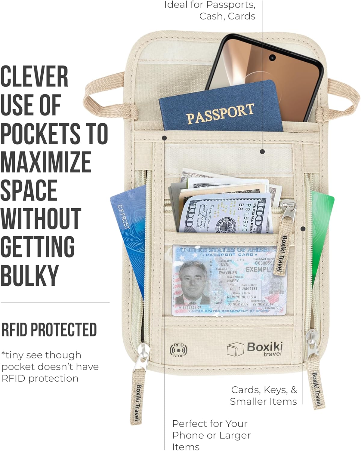 RFID Travel Neck Wallet - Beige | Sleek, Secure Passport Holder and Money Pouch with Adjustable Neck Strap for Men and Women to Keep Cash, Credit Cards & Travel Documents Safe