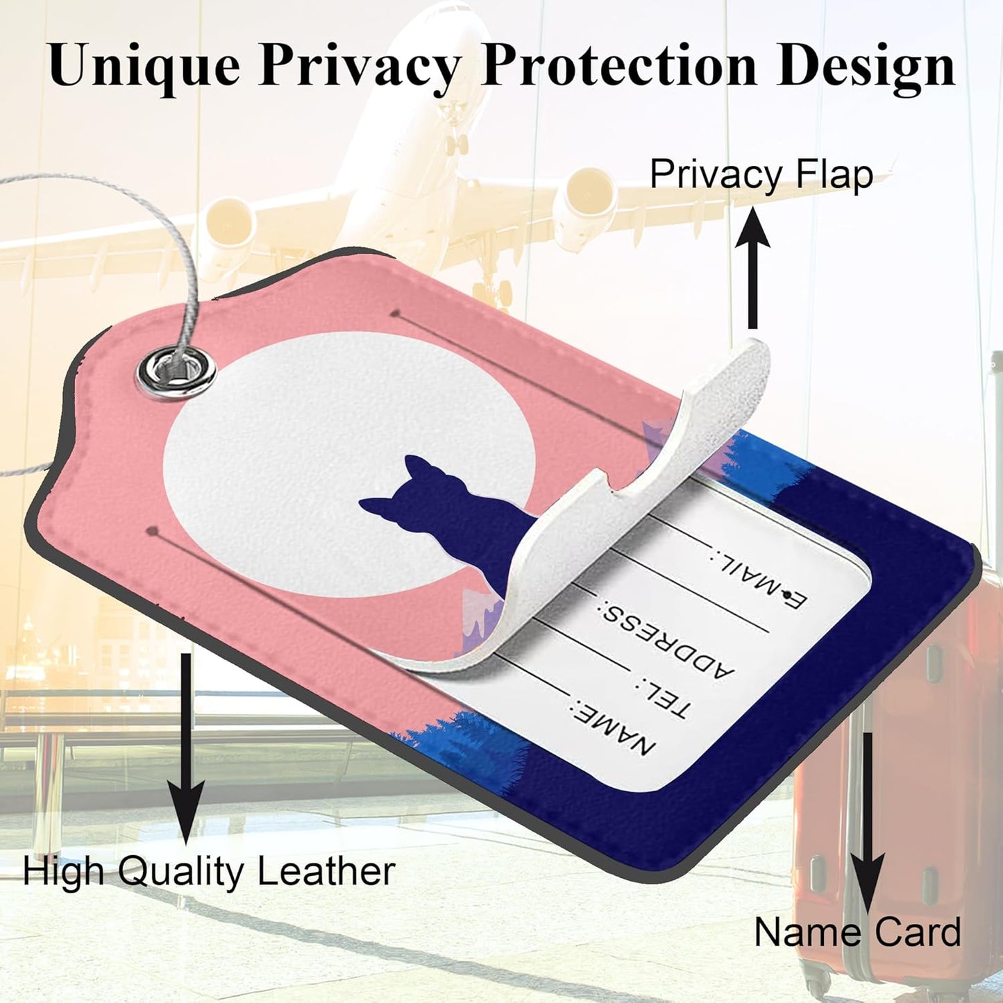 Black Cat The Night Sky 2 Pack PU Leather Luggage Tags for Suitcase, Calm Cat on Hilltop Travel Tag with Privacy Flap, Name ID Label and Metal Loop for Women Men Baggage