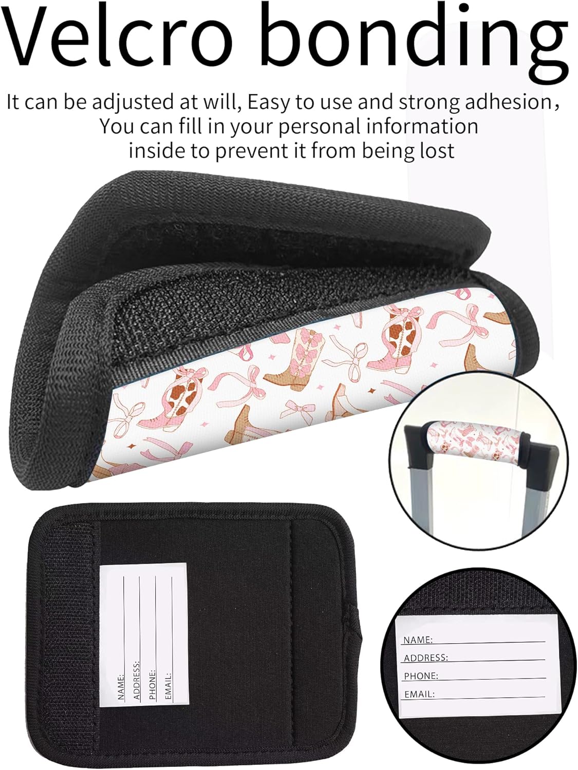 2 Pack Luggage Handle Wrap Travel Tags - Set of Luggage Tags for Suitcases, Identifiers, Marker, and Handle Covers - Cruise Accessories and Travel Gifts（Cute Pink Bow Boot