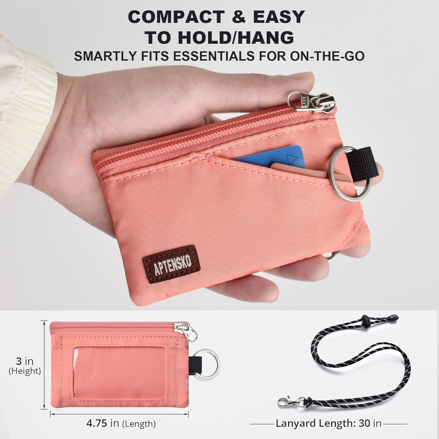 RFID Travel Wallet with Adjustable Lanyard-Zipper Small Wallet with ID Card Holder, Keychain for women&men-Minimalist Slim Waterproof Nylon case for ID, Cash, Key (Coral Blush)