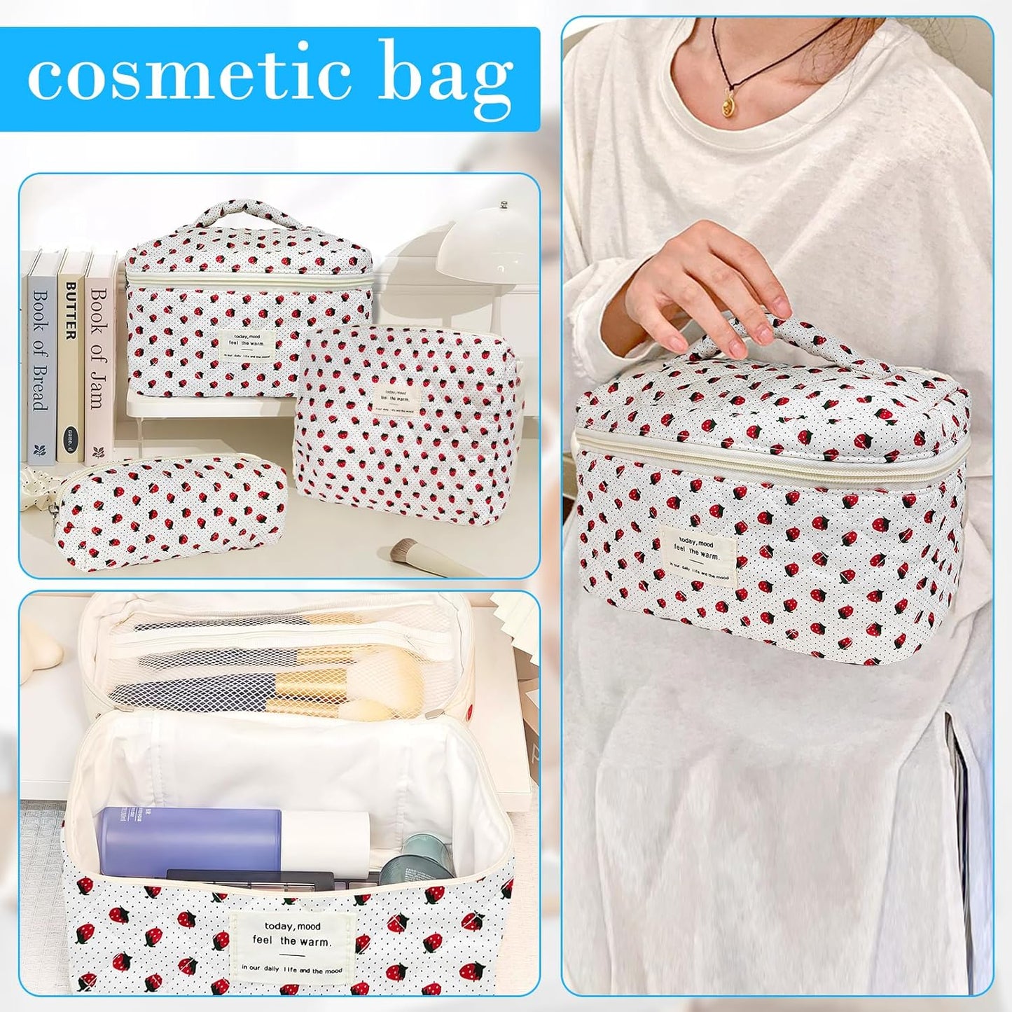 Quilted Makeup Bag, Large Capacity Travel Cosmetic Bag for Women and Girls, Aesthetic Storage for Daily and Travel Use (3pcs-Wildstrawberry)