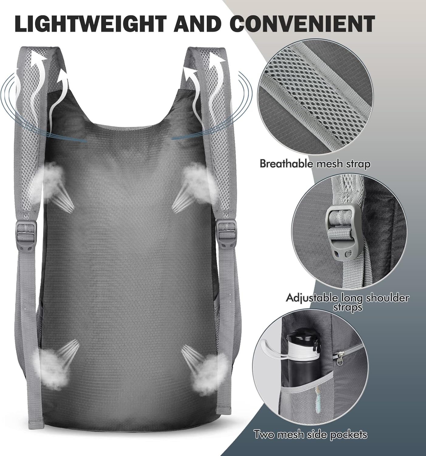 ZOMAKE Lightweight Packable Backpack 14L, Foldable Backpacks Small Daypack Hiking Daypacks Water Resistant Day Bag for Travel(Medium Grey)