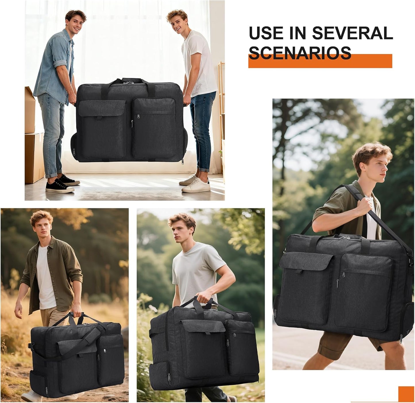 Large Travel Duffle Bag for Men Women, 80L 100L 120L Foldable Waterproof Duffle Bag, Packable Bag with Shoes Compartment for Overnight Gym Weekender Bag (Black, 120L)