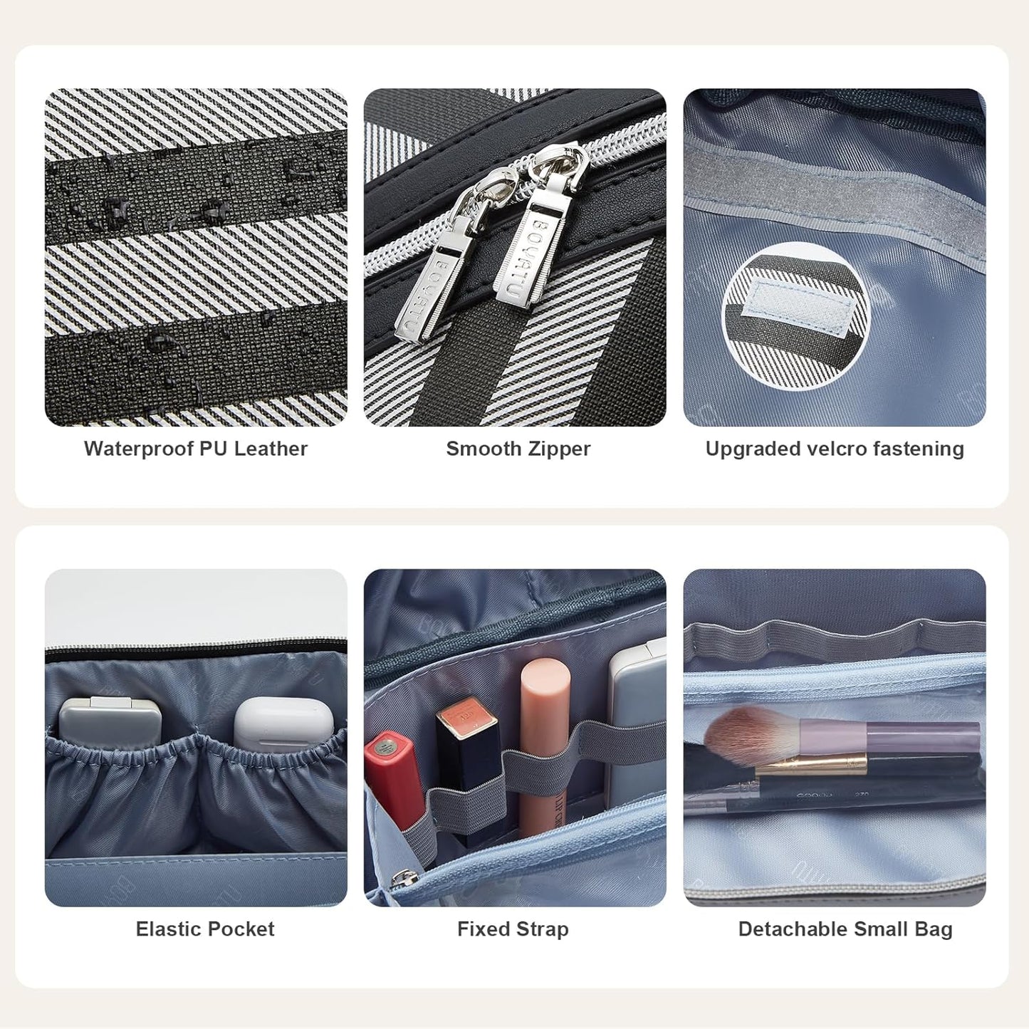 BOYATU Travel Makeup Bag for Women: Large Cosmetic Bag Set of 3 - PU Leather Make up Bag with