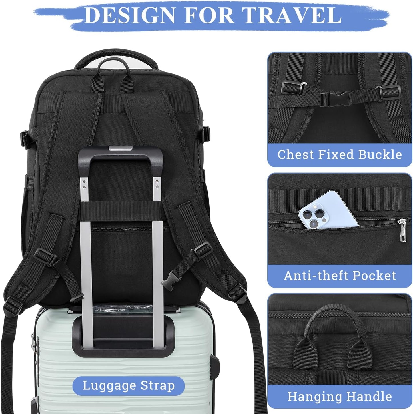 Personal Item Backpack, 40L Large Travel Backpack for Women Men, Waterproof Carry on Backpack for College, Business, Work