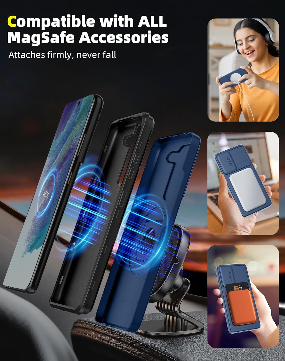 for Samsung Galaxy s21 FE Case Magnetic Compatible with MagSafe Wireless Charging,with 2 Screen Protectors,Built-in Stand Ring+Camera Cover Anti-Scratch Shockproof Heavy Duty Protection Blue