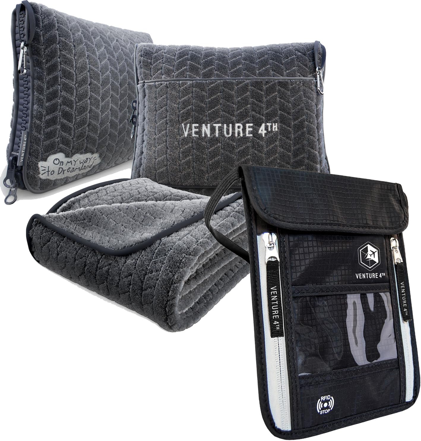 VENTURE 4TH Travel Essentials Bundle: RFID Blocking Neck Wallet & 2-in-1 Travel Blanket Pillow