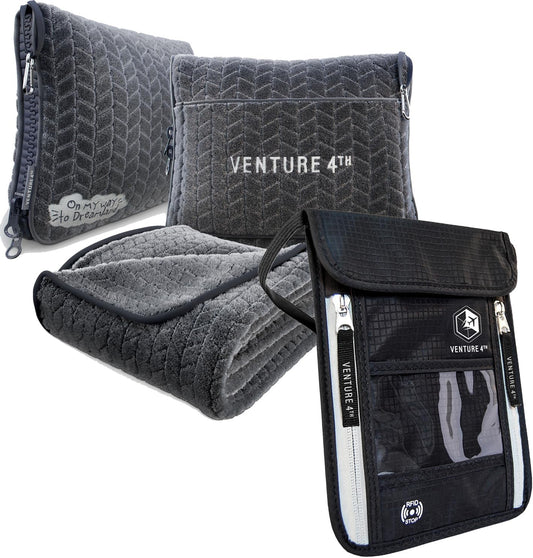 VENTURE 4TH Travel Essentials Bundle: RFID Blocking Neck Wallet & 2-in-1 Travel Blanket Pillow