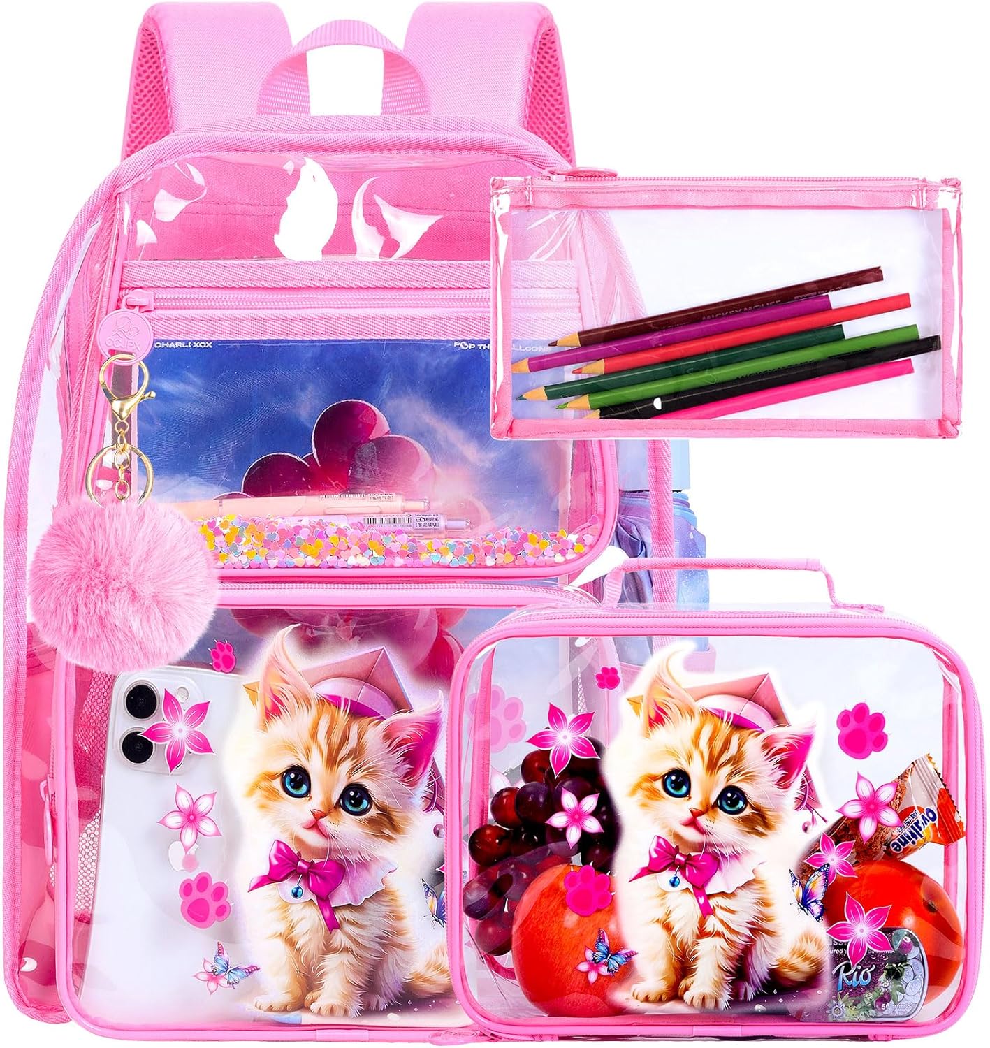 Clear Backpack for Girls and Boys, Kids Transparent Bookbag, 3PCS Cute See Through School Bag for Elementary Prechool