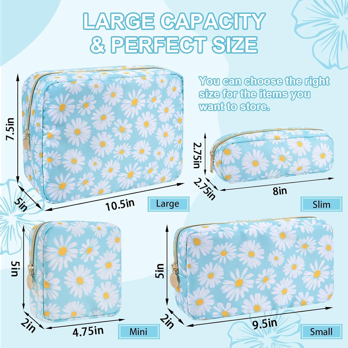 Waterproof Small Floral Makeup Bag Pouch for Purse,Nylon Flower Cosmetic Bag Preppy Travel Toiletry