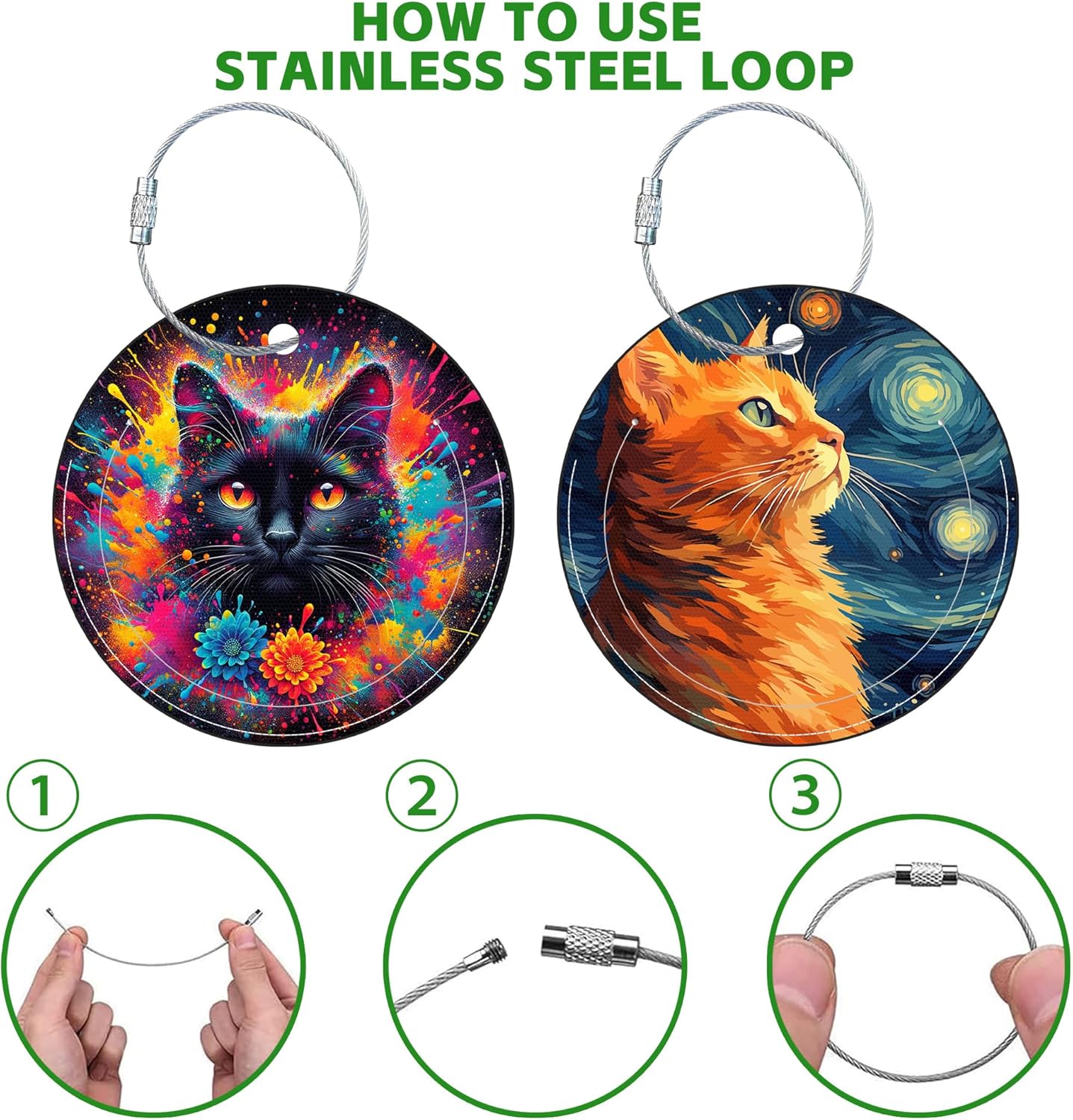 Round Cute Luggage Tags 2 Pack Cat and Sky Creative Baggage Tags,Cruise Travel Baggage Suitcases Tag with Stainless Steel Loop ID Tag Privacy Flap
