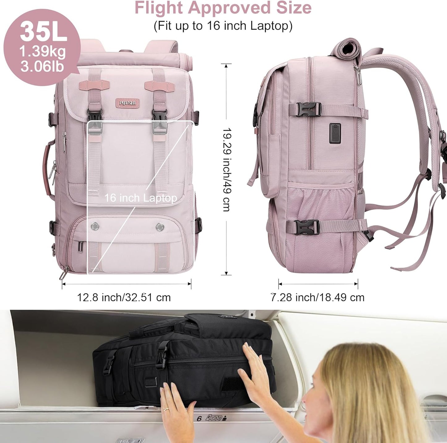 PIJUSHI Travel Backpack for Women Carry on Luggage Backpack Flight Approved Convertible Duffle Bag Fit 16 Inch Laptop(PE037 Light Purple)
