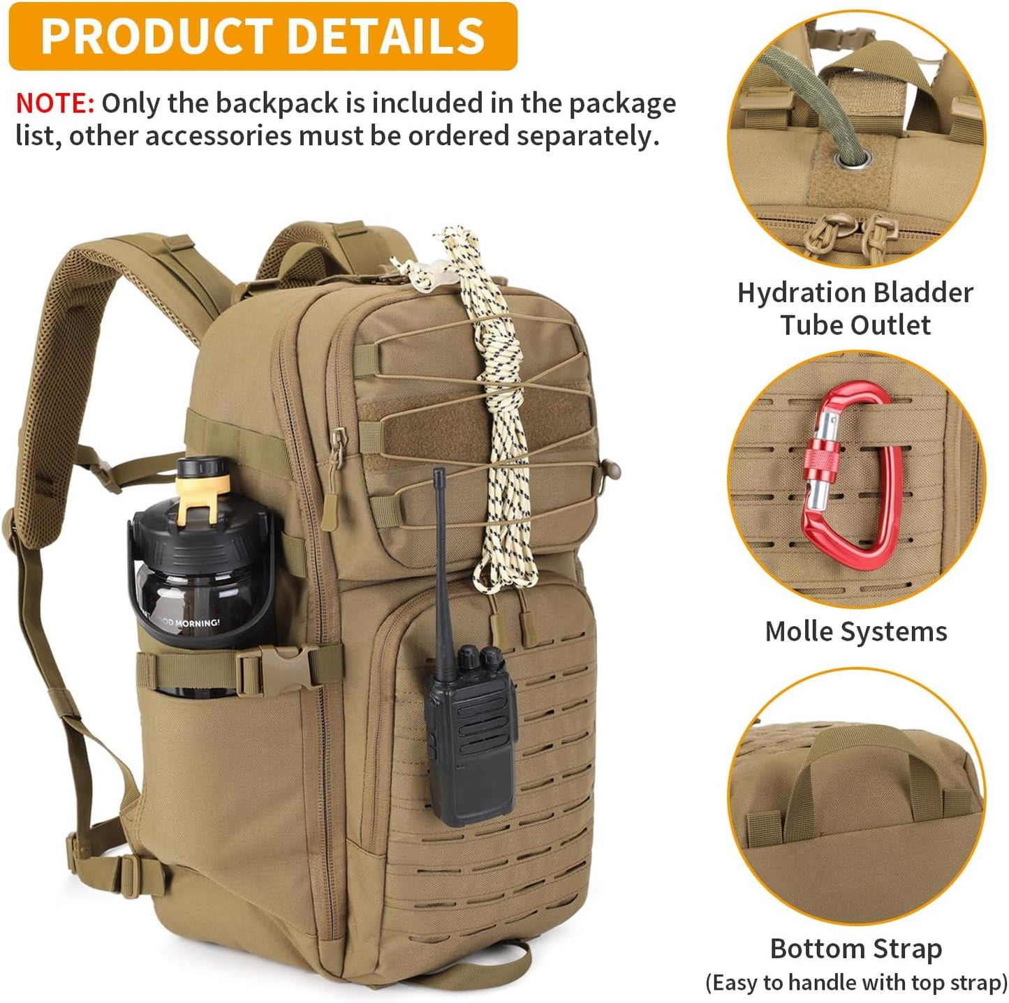 HUNTVP Tactical Backpack for Men 35L Military Backpack MOLLE 1000D Army Daypack 3 Day Bug Out Bag for Work Camping Hiking Outdoor, Brown