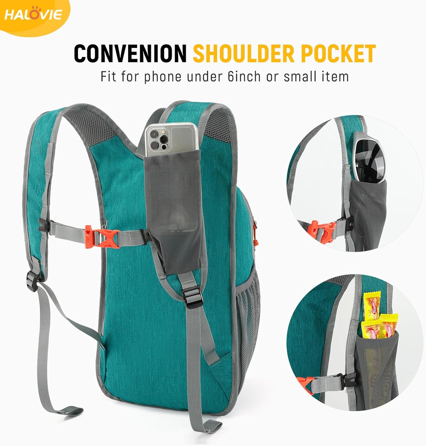 HALOVIE 15L Foldable Hiking Backpack Phone Pocket Lightweight Travel Daypack with Chest Strap Small
