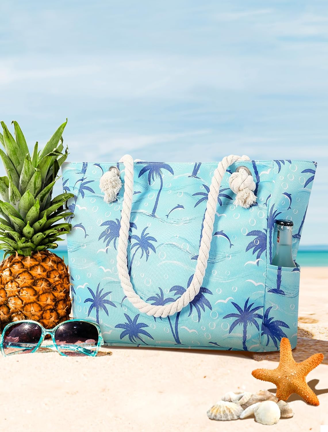 TESALATE Large Canvas Beach Tote Bag with Zipper Waterproof for Women Swim Travel Swim Pool Shopping Cruise Essentials Gifts