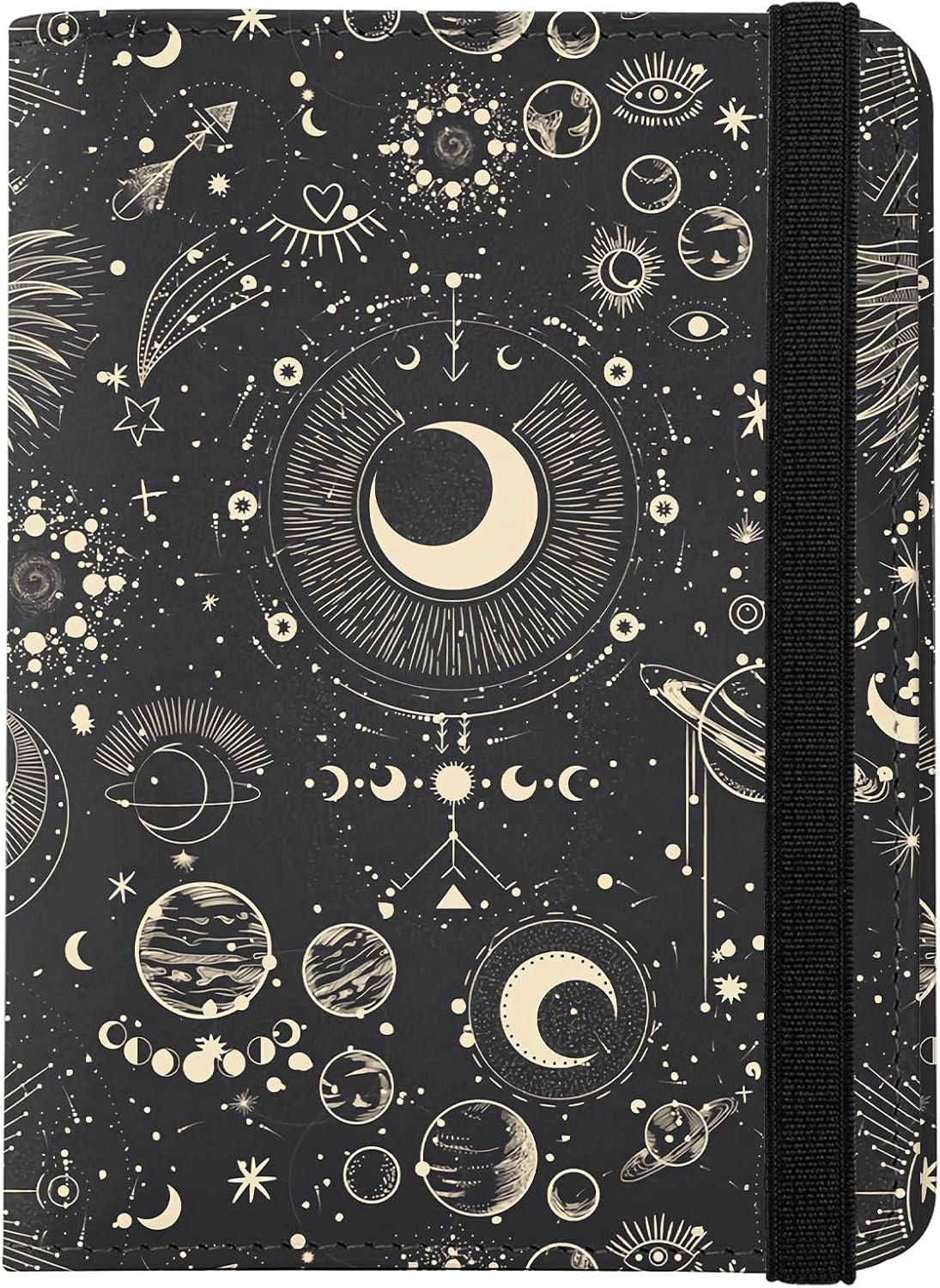 Cute Passport Holder and Holder Combo Passport Cover with Compatible Wallet Credit Card Protector RFID Blocking Women Men (Black Moon Sun)