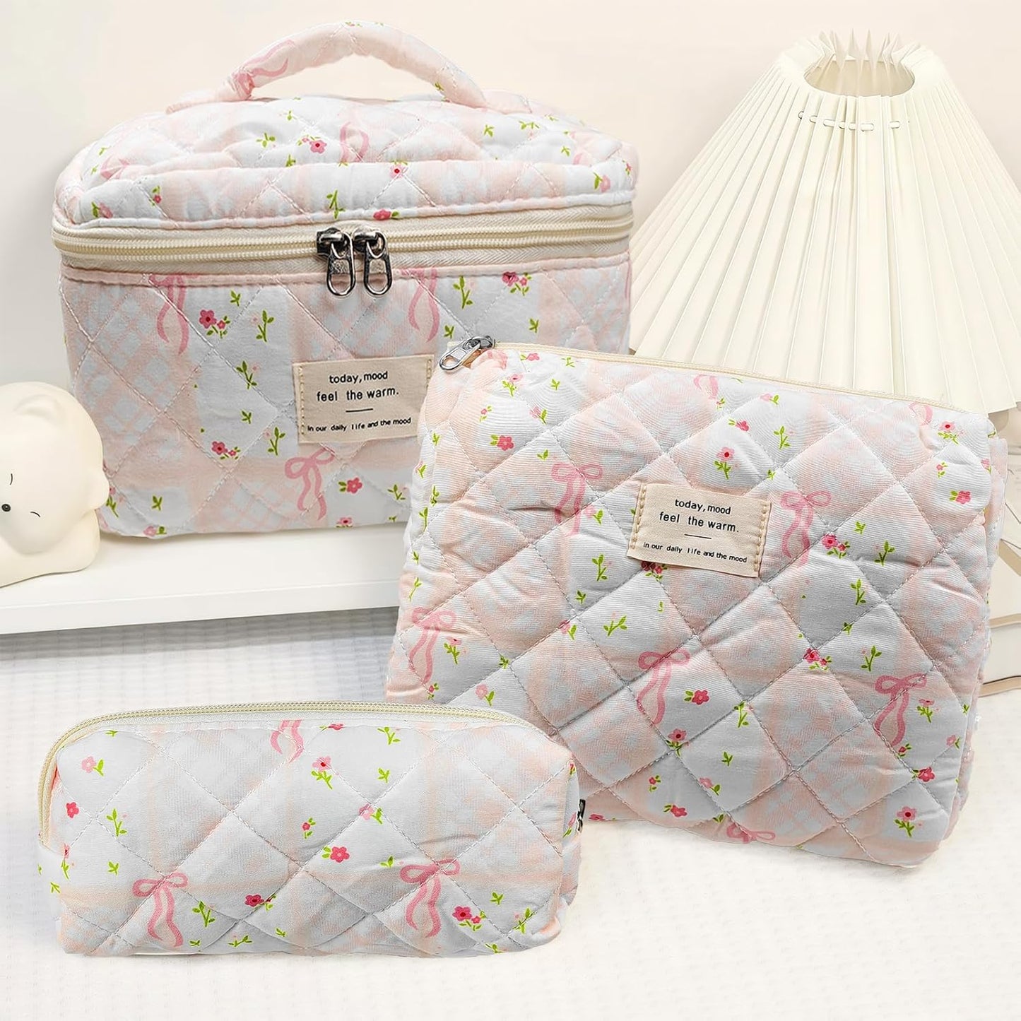 Quilted Makeup Bag, Large Capacity Travel Cosmetic Bag for Women and Girls, Aesthetic Storage for Daily and Travel Use (3pcs-overbowfloral)