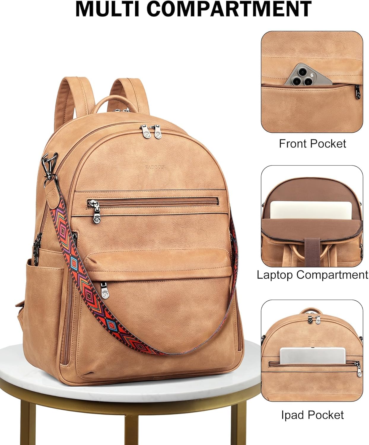 FADEON 15.6 inch Laptop Backpack Purse for Women Designer PU Leather Computer Backpacks Fashion for Work Travel Camel Brown