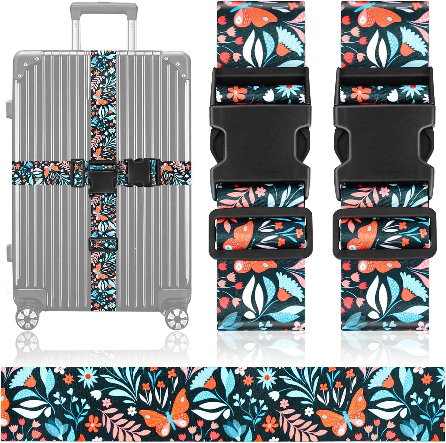 BILIONE Vibrant Flowers-Pattern Luggage Straps for Suitcases, Travel Belt Accessories Luggage Identifiers Adjustable Nylon Suitcase Belts for Travel 2 Pack (Orange Butterfly Flower)