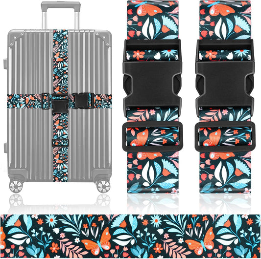 BILIONE Vibrant Flowers-Pattern Luggage Straps for Suitcases, Travel Belt Accessories Luggage Identifiers Adjustable Nylon Suitcase Belts for Travel 2 Pack (Orange Butterfly Flower)