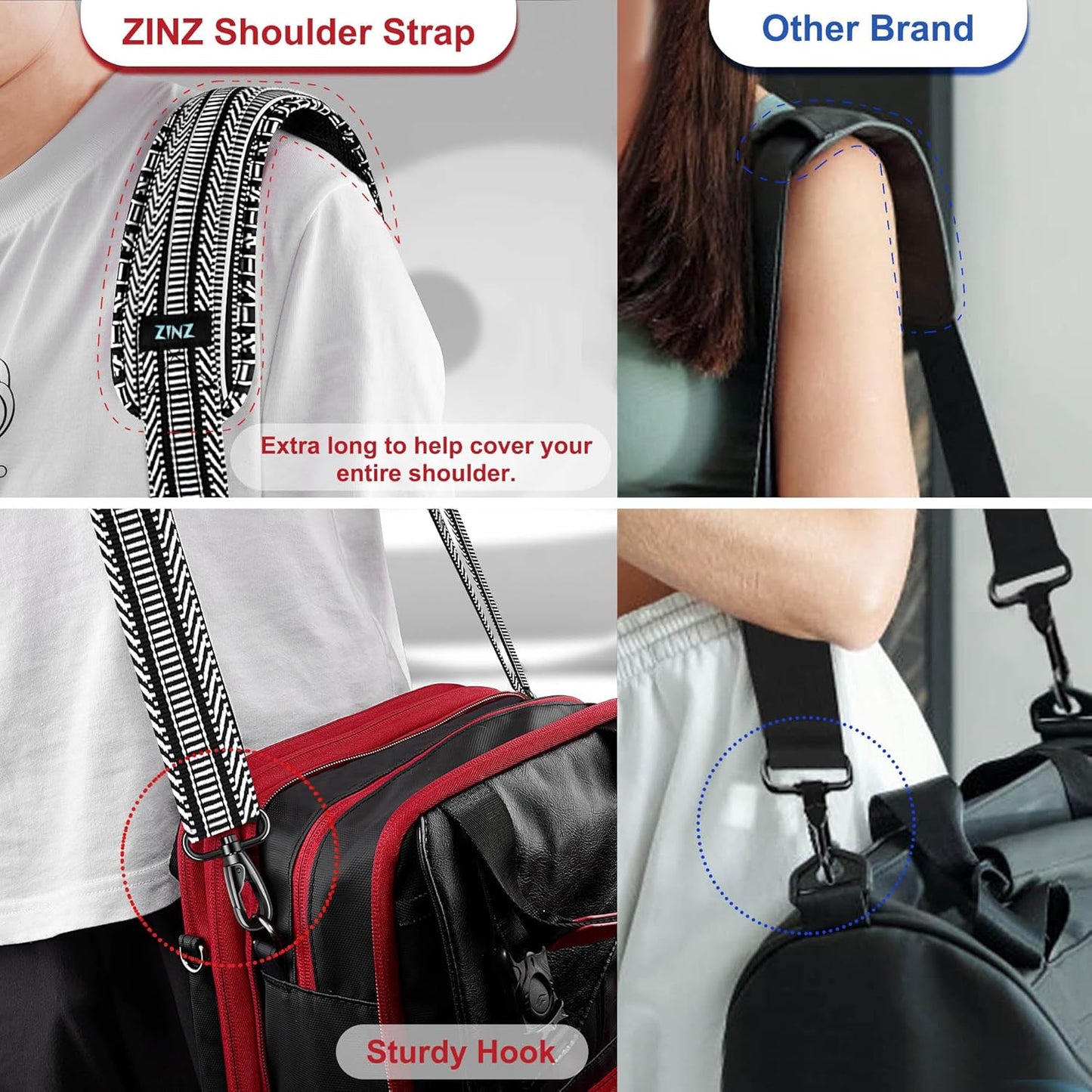 ZINZ 60" Universal Strap with Ultra-thick Fixed Breathable Pad - Adjustable Heavy-duty Shoulder Strap for Laptop, Crossbody, Luggage, Gym Bag, Camera Bag and More - TH01B03