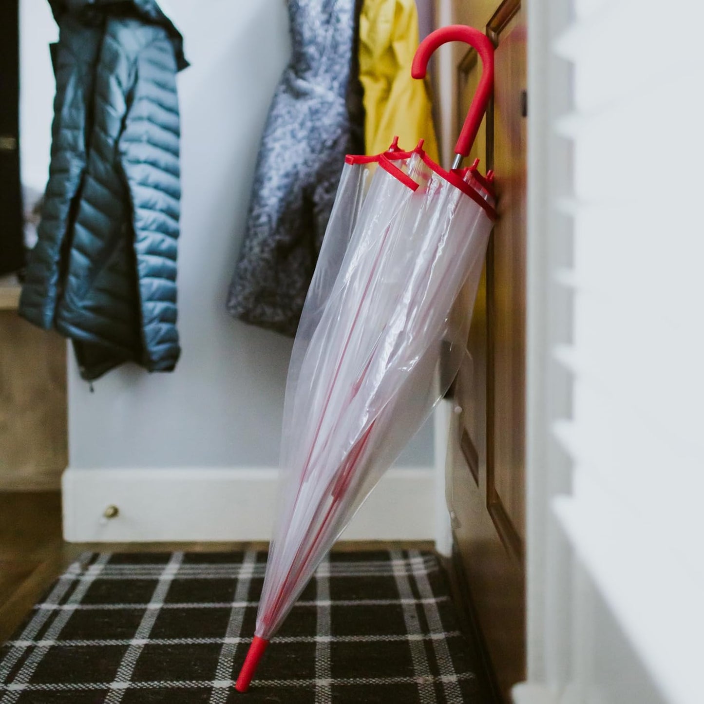 Weather Station Clear Dome Rain Umbrella - Automatic Open, Bubble, Transparent, Red Trim