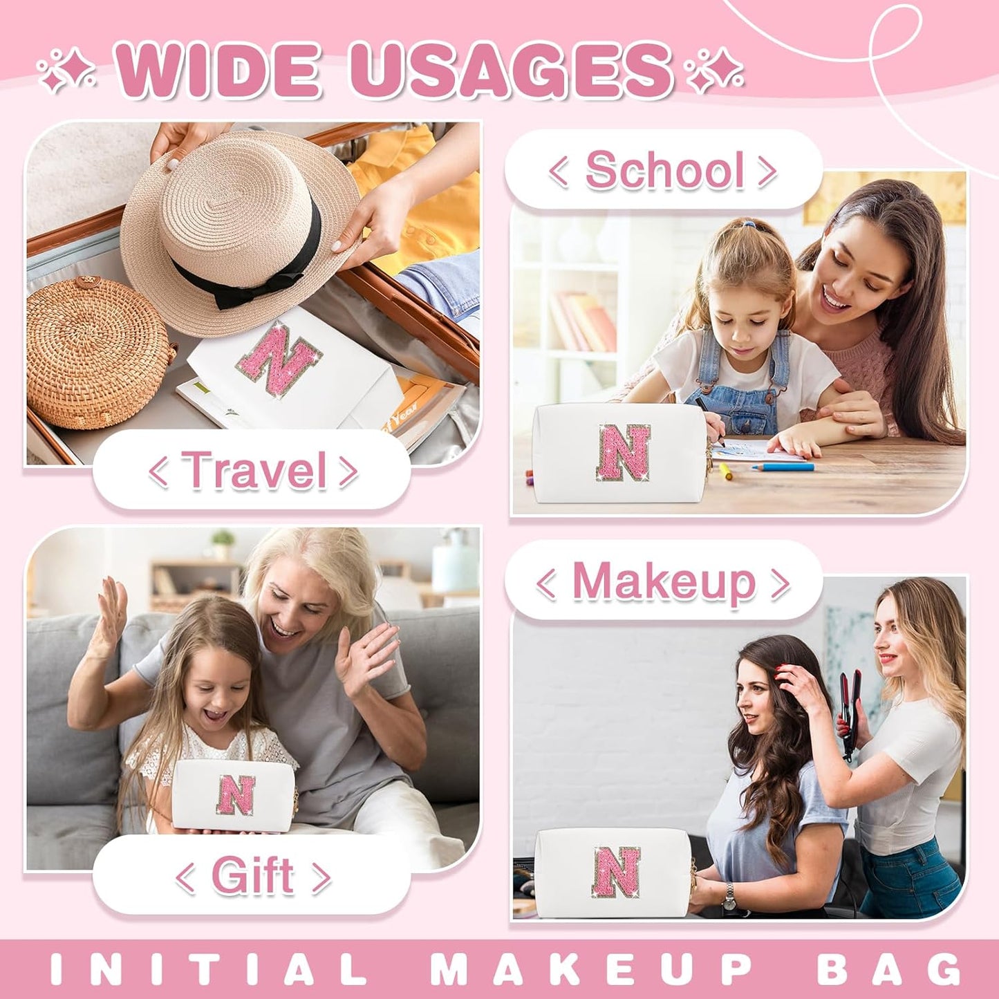 Small Initial Patch Makeup Bag Personalized Gifts Make Up Bag,White Cute PU Leather Glitter Letter Cosmetic Bag with Zipper,Trendy Portable Travel Toiletry Pouch,Preppy Stuff for Teen Girls Women N
